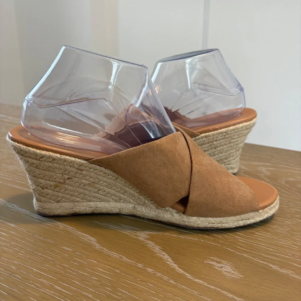 J.Crew Womens Tan Suede Crisscross Espadrille Wedge Sandals‎ Peep Toe Slide 9.5